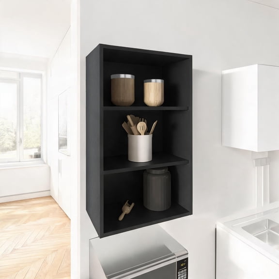 Sleek Compact Wall-Mounted Storage Cabinet 3-Shelf Black-Toned Engineered Wood for Kitchen Organization