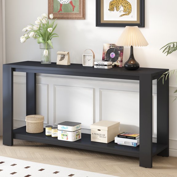 Sleek Console Table With Functional Shelf For Corridor - Black 220 Lbs Capacity Bottom And Legs Entryway