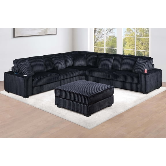 Sleek Contemporary Style Black 6pc Modular L-Sectional Sofa Set USB Cup Holder Corduroy Upholstered Couch Living Room Furniture