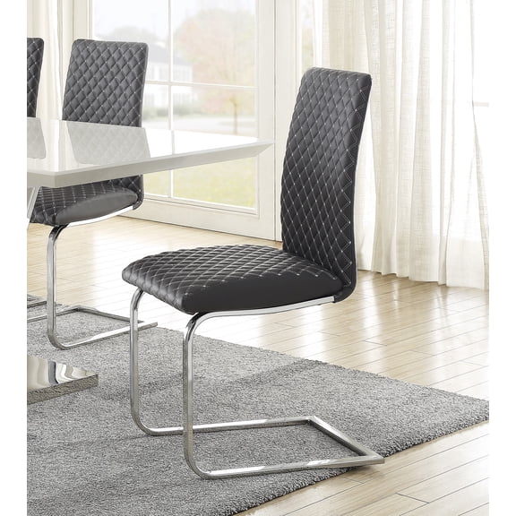 Sleek Contemporary Style Side Chairs Set of 2, Gray Faux Leather Diamond Pattern Stitching Chrome Metal Finish Dining Room Furniture