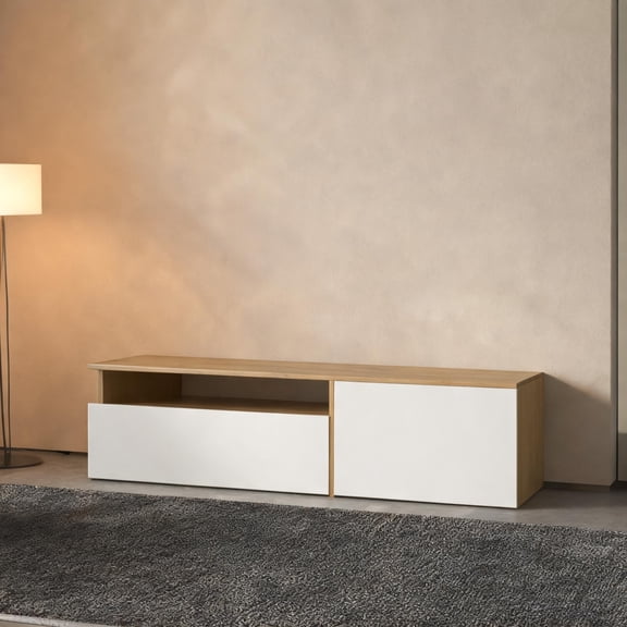 Sleek Contemporary TV Stand with Open Shelves Closed Cabinets, Clean White and Light Oak