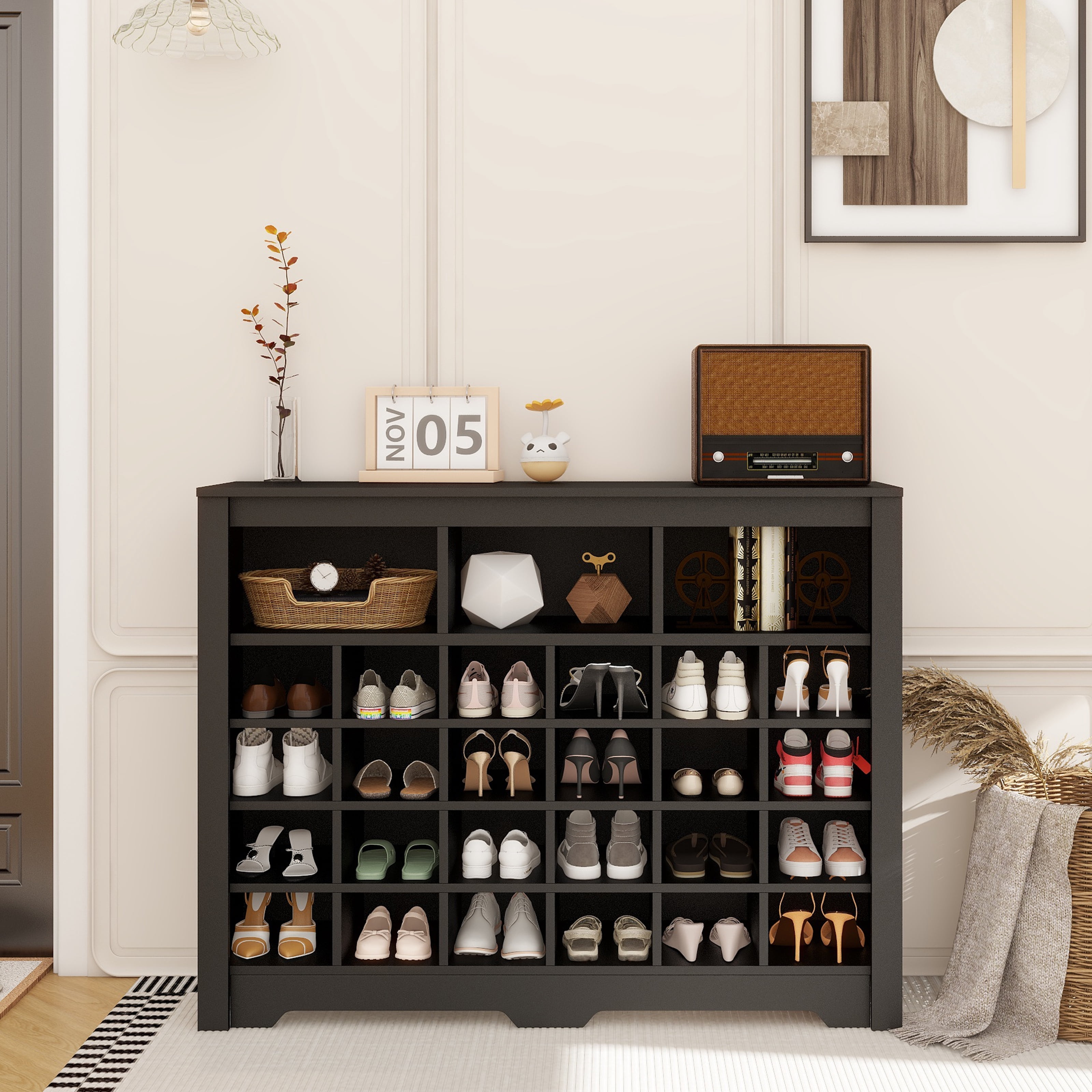 Sleek Design 24 Shoe Cubby Console, Modern Shoe Cabinet with Curved ...
