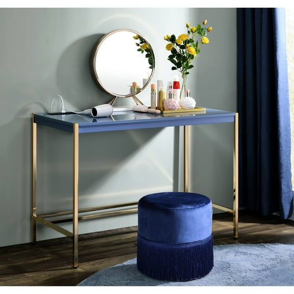 Sleek Desk With High-gloss Finish, Navy Blue & Gold, 42.73"w X 20.32"d 30.54"h, 70lbs Compact And Fashionable Writing Desk, 30.54"h