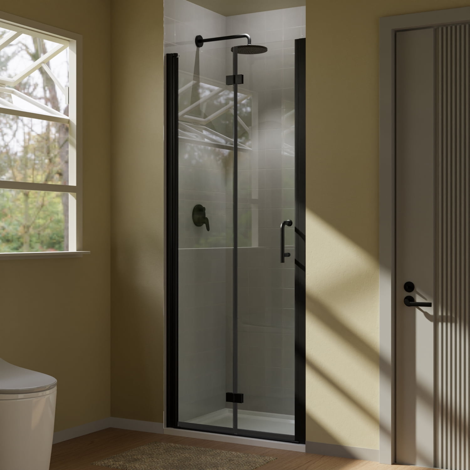 Sleek and Elegant Bifold Frameless Glass Shower Door with Matte Black