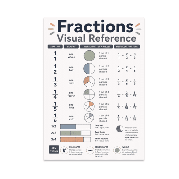 Sleek Fractions Visual Reference Chart - Educational Decor - 13x19 Poster Print