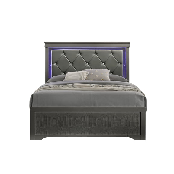 Sleek Full Size Bed With Upholstered Headboard & Integrated Led In Metallic Grey Modern Bedroom Robust Wood Gray