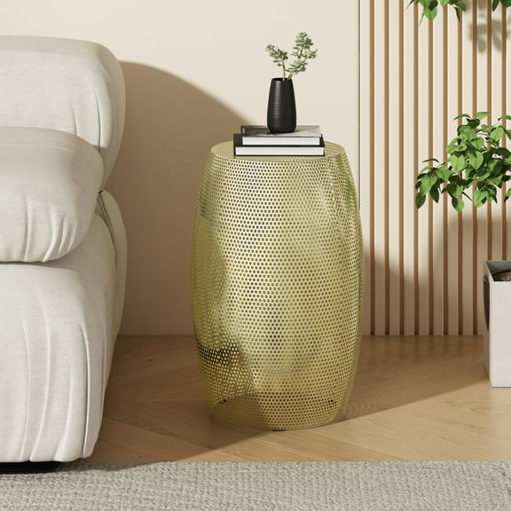 Sleek Gold Metal Drum Side Table with No Assembly Required