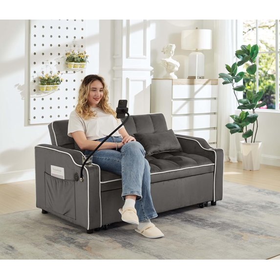 Sleek Gray Pull Out Couch with Charging Stations | Sofa Bed for Apartment