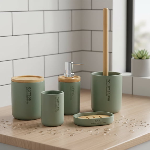 Sleek Green Bathroom Accessory Set with Bamboo Accents - 5 pieces