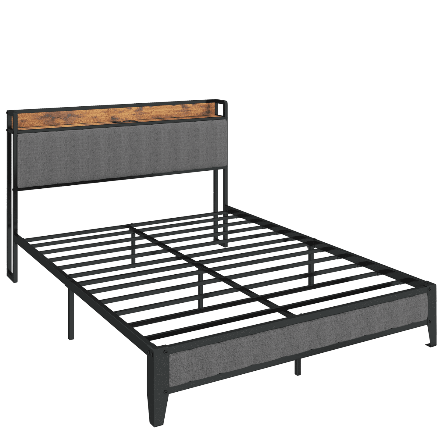 Sleek Grey Full Size Bed Frame with Charging Station, Upholstered Headboard, and Metal Platform