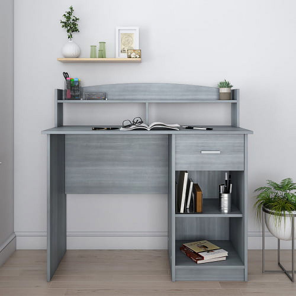 Modern Gray Heavy-duty MDF Office Desk with Hutch and Drawer