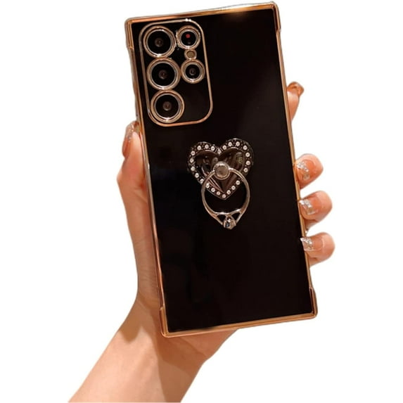 Sleek Light Thin Soft TPU Phone Case for Samsung Galaxy A14 A34 A54 A52 S 4G 5G Fashion Love Heart Shaped Finger Ring Holder Shockproof Bumper Protector Cover(Black,A52S)