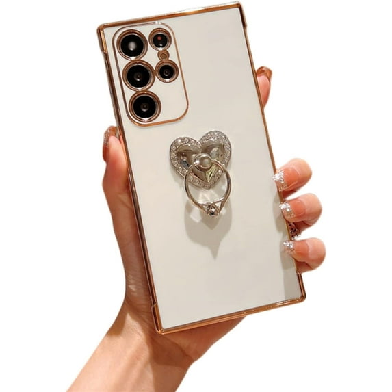 Sleek Light Thin Soft TPU Phone Case for Samsung Galaxy S23 S22 Ultra Plus Fashion Love Heart Shaped Finger Ring Holder Shockproof Bumper Protector Cover(White,S23)