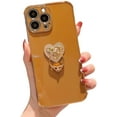 thumbnail image 1 of Sleek Light Thin Soft TPU Phone Case for iPhone 14 13 12 11 Plus Pro Max Mini Fashion Love Heart Shaped Finger Ring Holder Shockproof Bumper Protector Cover(Brown,12 Pro Max), 1 of 8