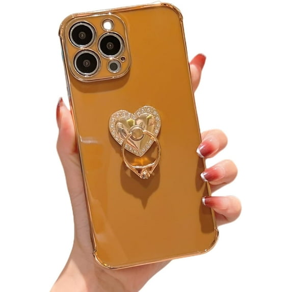 Sleek Light Thin Soft TPU Phone Case for iPhone 14 13 12 11 Plus Pro Max Mini Fashion Love Heart Shaped Finger Ring Holder Shockproof Bumper Protector Cover(Brown,12 Pro Max)