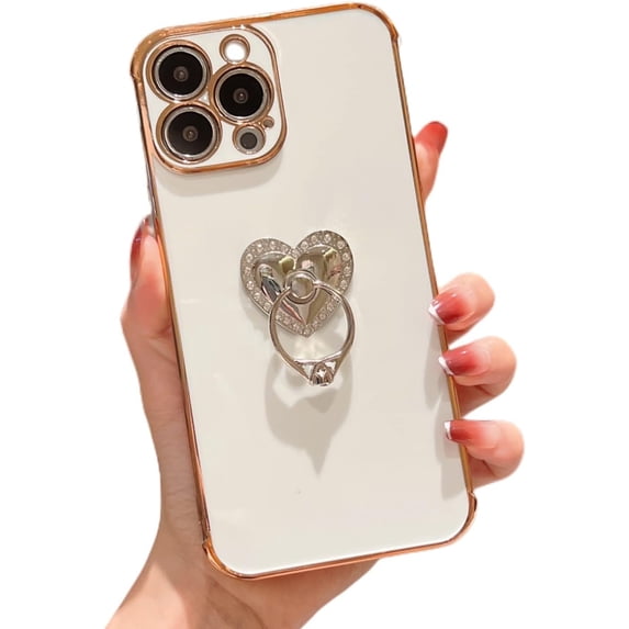 Sleek Light Thin Soft TPU Phone Case for iPhone 14 13 12 11 Plus Pro Max Mini Fashion Love Heart Shaped Finger Ring Holder Shockproof Bumper Protector Cover(White,12 Pro)