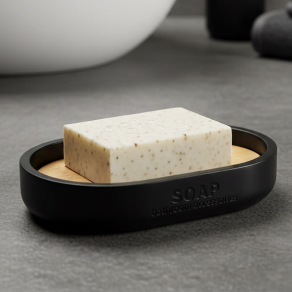 Sleek Matte Black Soap Dish with Bamboo Base - Polyresin Soap Tray for Sophisticated Decor