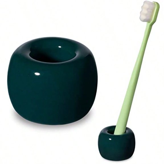 Sleek Mini Ceramics Toothbrush Holder Stand for Bathroom Vanity Countertops Dark Green 1-Pack