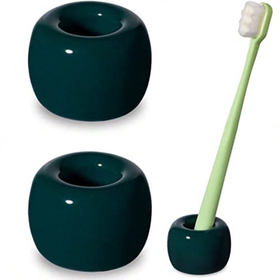 Sleek Mini Ceramics Toothbrush Holder Stand for Bathroom Vanity Countertops Dark Green 2 Pack
