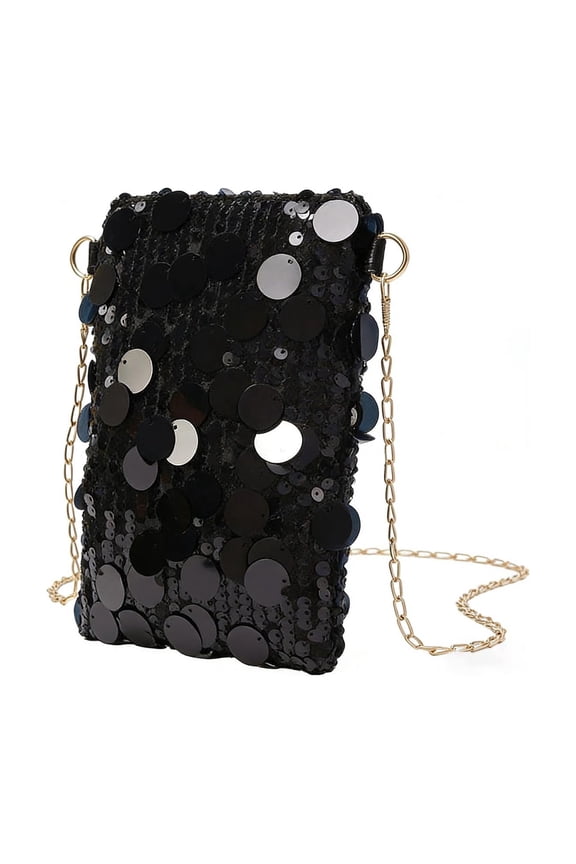 Sleek Minimalist Sequin Panel Messenger Bag Compact Crossbody Phone Holder with Detachable Chain