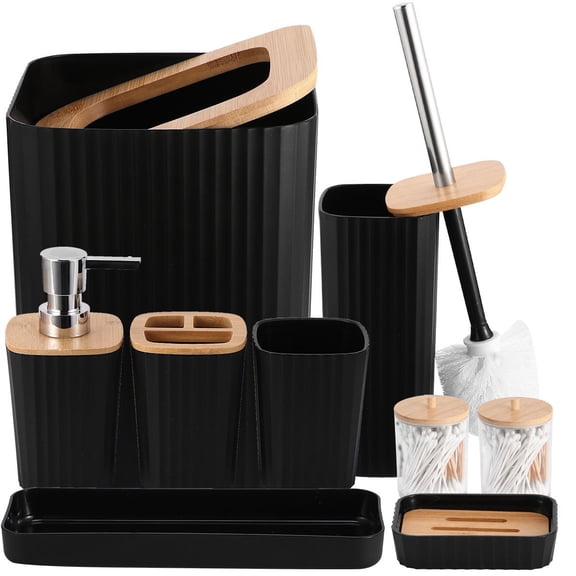 Sleek And Modern Bathroom Essentials, Featuring a Soap Dish, a Holder for Toothbrushes And Toothpaste, a Lotion Dispenser, a Rinsing Cup, a Toilet Brush, a Waste Bin, And Various Bathroom Supplies