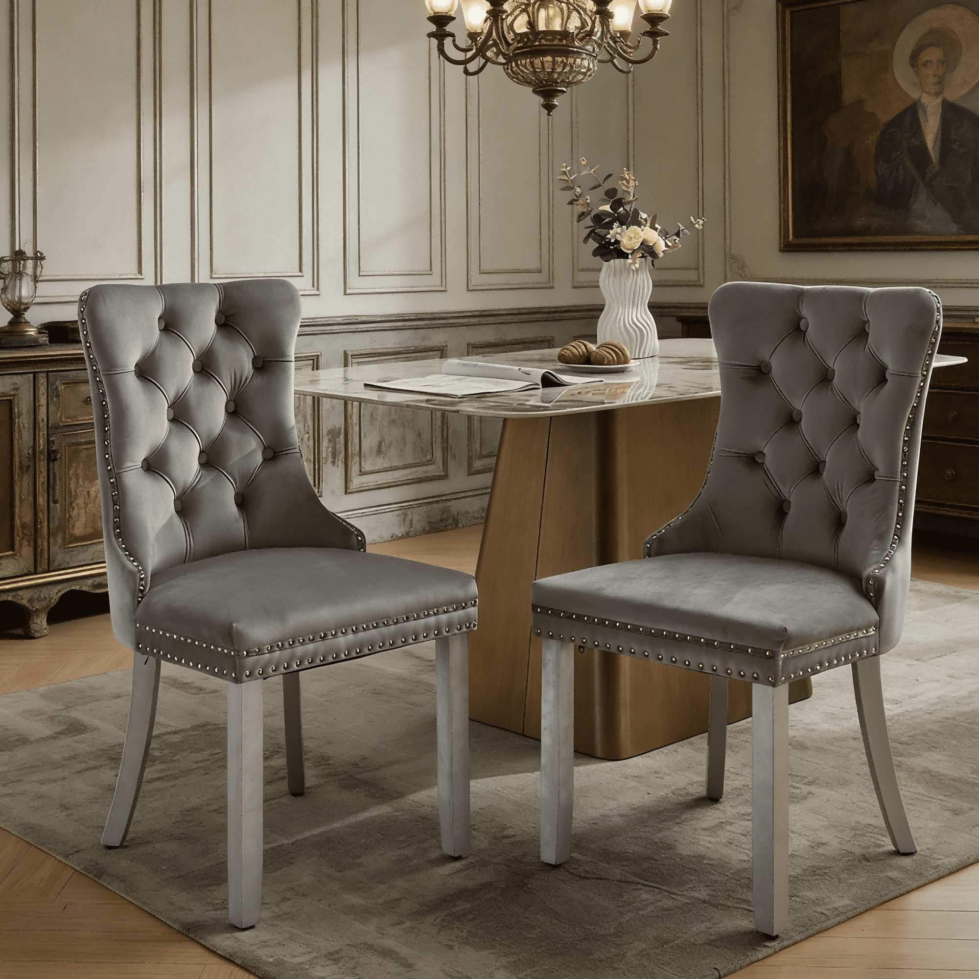 Sleek Modern Dining Chair Set of 2 - Tufted Velvet Upholstered Side ...