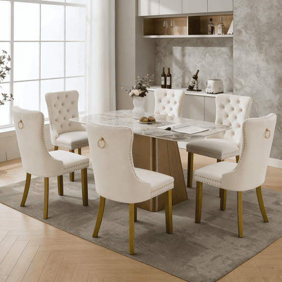 Sleek Modern Dining Chair Set of 6 - Tufted Velvet Upholstered Side Chairs with Nailhead Trim and Solid Wood Legs, Perfect for Kitchen and Dining Room