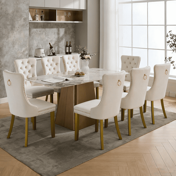 Sleek Modern Dining Chair Set of 8 - Tufted Velvet Upholstered Side Chairs with Nailhead Trim and Solid Wood Legs, Perfect for Kitchen and Dining Room