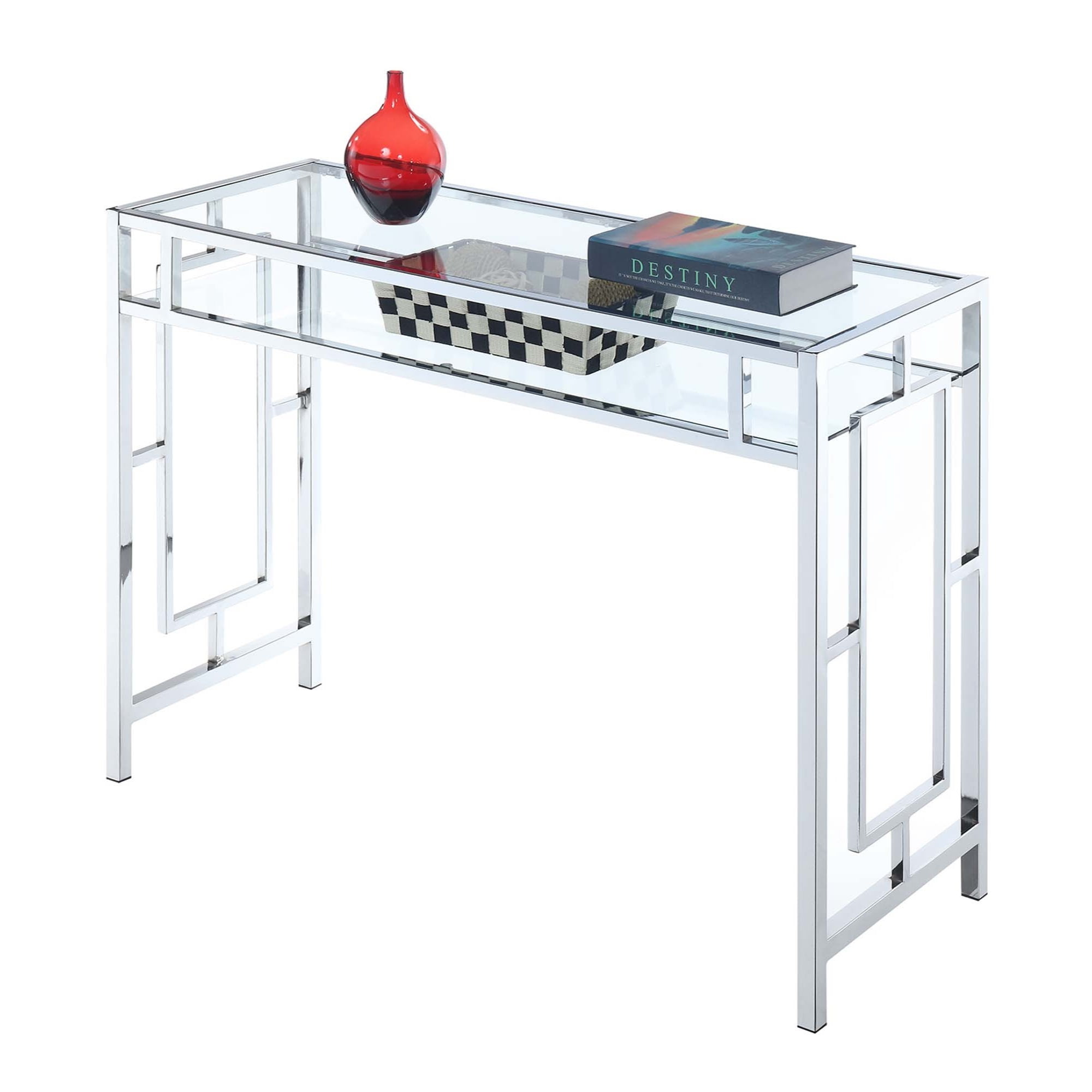 Gray and Clear Glass Chrome Desk with Shelf