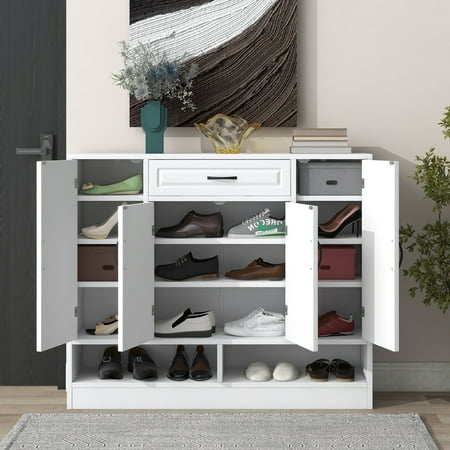 Sleek and Modern Shoe Cabinet with Adjustable Shelves, Minimalist Shoe Storage Organizer with Sturdy Top Surface, Space-saving Design Shoe Rack for Various Sizes of Shoes, White