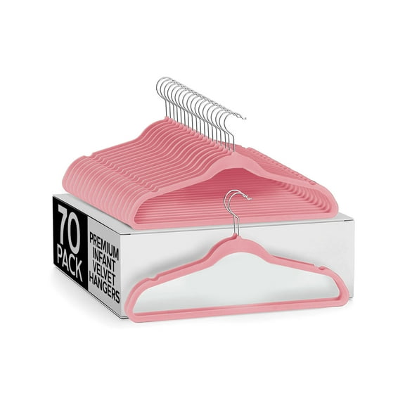Sleek Pick Premium Baby Hanger, Velvet Hangers, 11”, 70 Pack, Non-Slip Baby Hangers, Space Saving, Infant Hanger, Ultra Slim, Closet Organization, Children Clothes Hanger, Closet Toddler Hangers-Pink