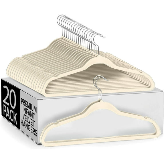 Sleek Pick Premium Velvet Baby Hanger, 11”, 20 Pack, Non-Slip Baby Hangers, Space Saving, Infant Hanger, Ultra Slim, Closet Organization, Children Clothes Hanger, Closet Toddler Hangers-Ivory