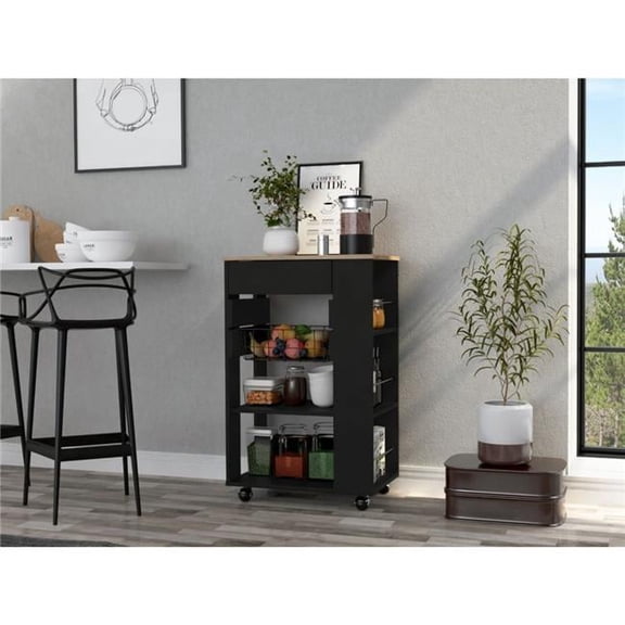 Sleek Portable Kitchen Cart, Black & Light Oak