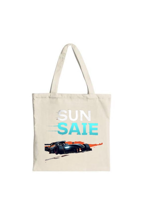 Sleek Racing Car Tote Bag - Bold ' SUN SAI ' Design on Dynamic Orange & Black Background - Perfect for Shopping Travel & Parties