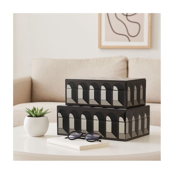 Sleek Rectangular Decorative Box for Home Decor - Glass and Wood Keepsake Storage Boxes with Lids for and Home Organizer - Elegant Accent for Coffee Table - Set of 2, 4", 3", Black & White