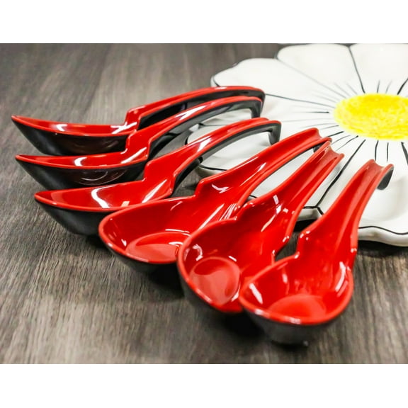 Sleek Red Black Melamine Asian Soup Spoons With Ladle Hook & Notch Set Of 6