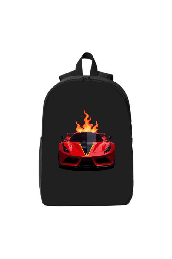 Sleek Red Sports Car Backpack - Fits 15 " Laptop & iPad Features Fiery Flames & Yellow Stripe Design Perfect for Travel