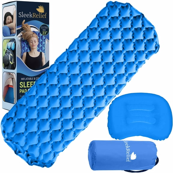 Sleek Relief Adults Camping Mattress Sleeping Pad w/ Pillow– (Extra Large camp) Waterproof, Cool Sleeping Pads for Backpacking outdoors, Hiking Air Mattress, Lightweight, Inflatable & Compact, Blue