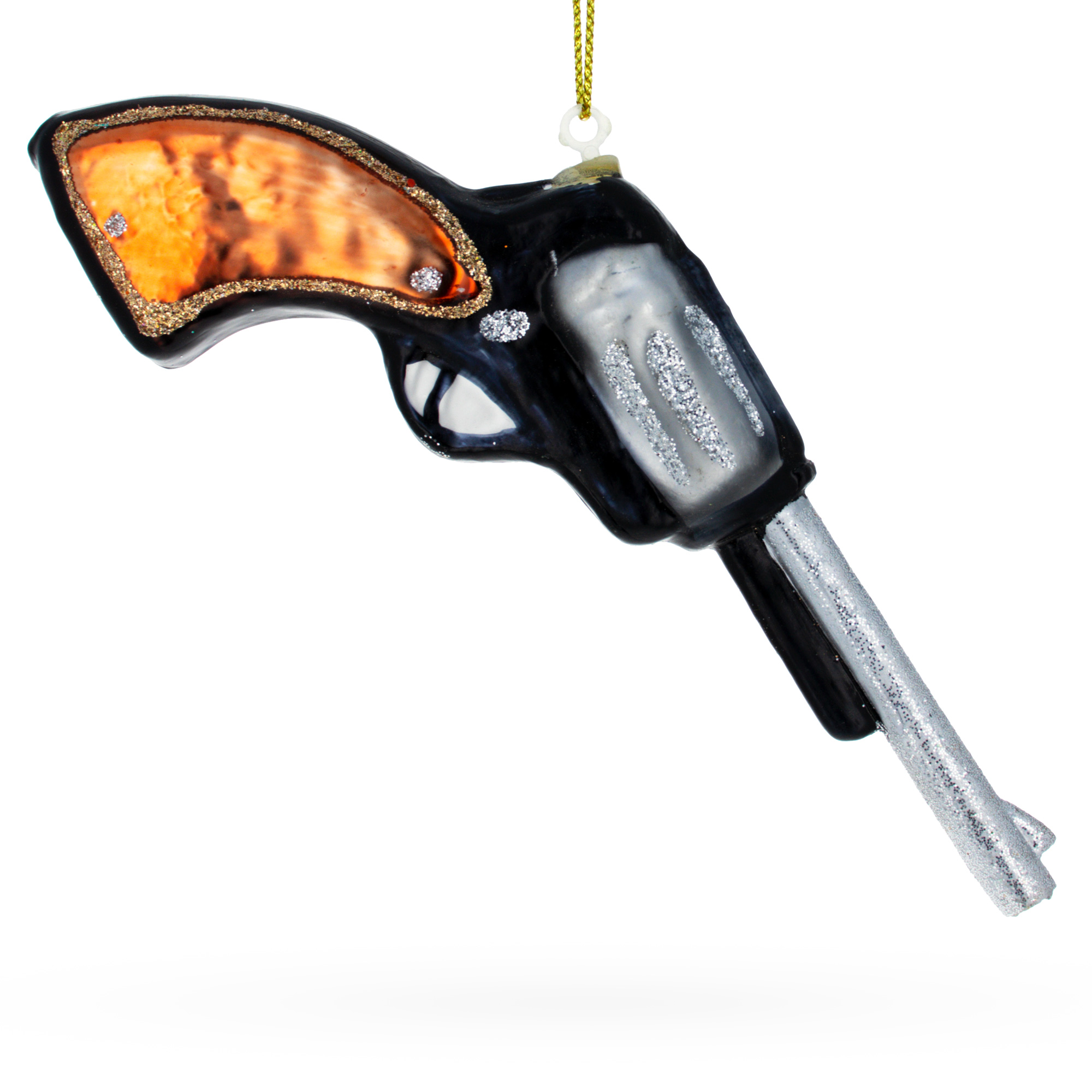 Sleek Revolver Handgun Blown Glass Christmas Ornament