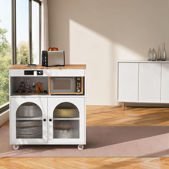 Sleek Rolling Kitchen Island with Extended Table  Soft White, Power Outlets, LED Ample Storage, 73.5 Extended