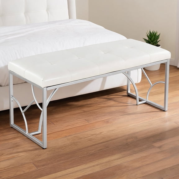 Sleek Silhouette Bench in Soft White Faux Leather Silver Metal, Contemporary Seating for Two, Entryway Dining