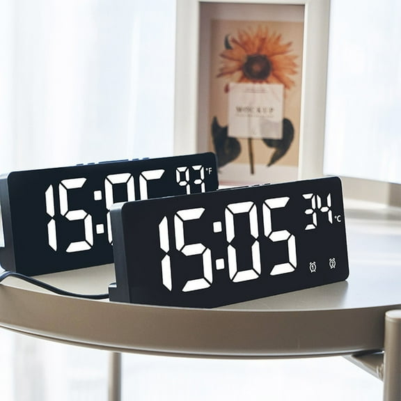 Sleek Smart Digital Alarm Clock with LED Display Voice Activation Temperature Alerts and Adjustable Brightness Black shell white Smile Home