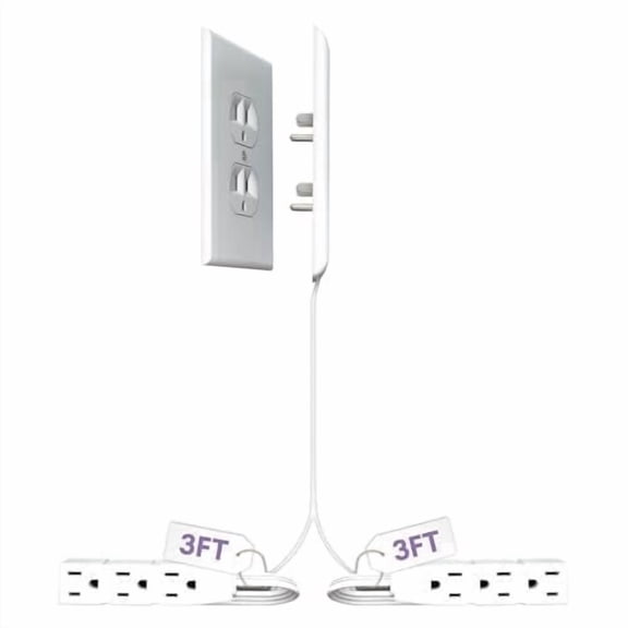 Sleek Socket Wall Outlet Concealer with Dual 3 ft Flat Cords, 6 Outlets, Ultra Thin Design, Flat Plug, White, 1 Pack
