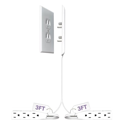 Sleek Socket Wall Outlet Concealer with Dual 3 ft Flat Cords, 6 Outlets, Ultra Thin Design, Flat Plug, White, 1 Pack