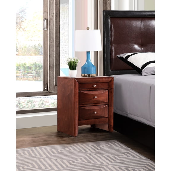 Sleek Storage Nightstand In Rich Bright Cherry - 28"h X 23"w 17"d, 3 Drawers, Curved Front Design, No Assembly, Stunning Dark