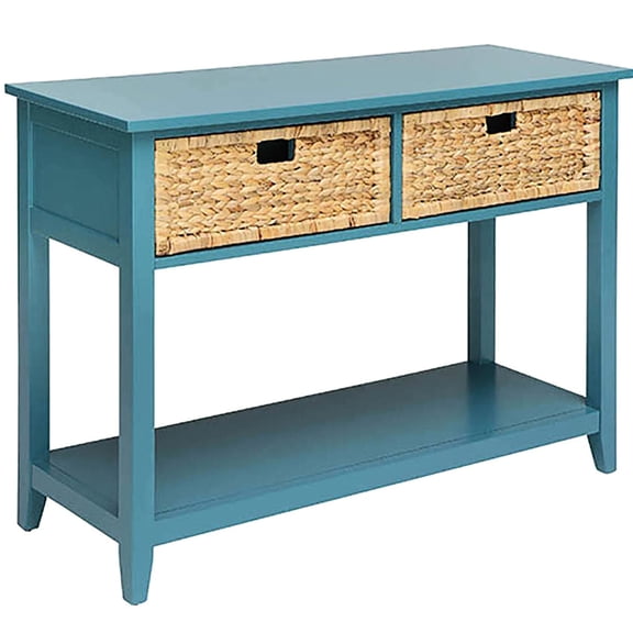 Sleek Teal Console Table With Storage Capacity - 2 Drawers And Bottom Shelf Solid Wood Legs For Hallway Furnishings Drawer Organization For Living Rooms Hallways Leg Construction Stability