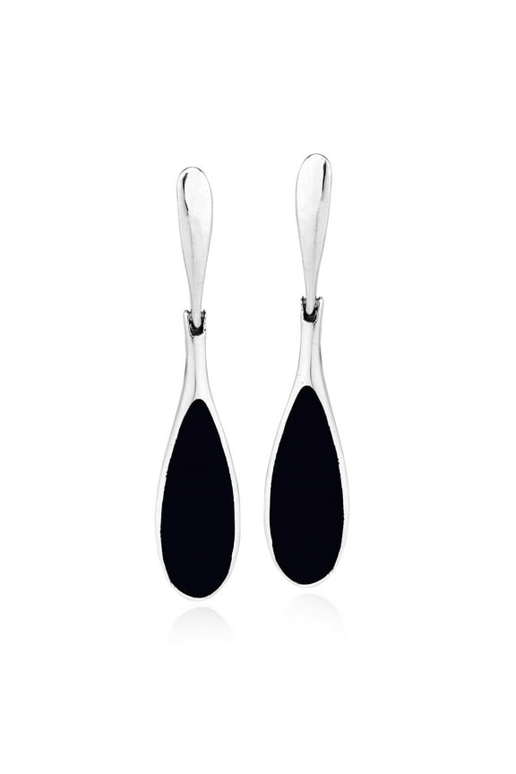 Sleek Teardrop Shaped Black Onyx Inlay Sterling Silver Dangle Earrings
