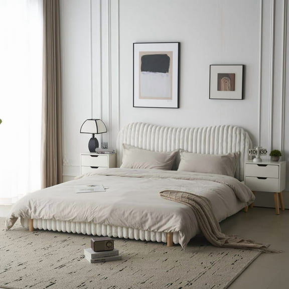 [Luckynote]Sleek White Boucle Upholstered Bed with Wavy Headboard & Vertical Stitching, King