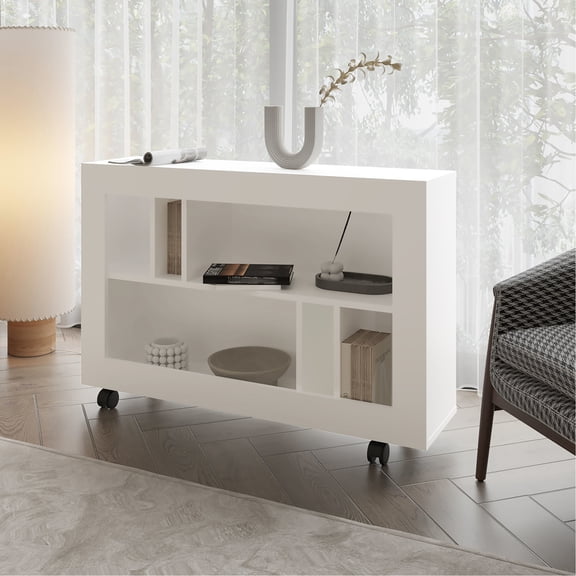 Sleek White Console Table For Bedroom Use With Open Storage And Mobility Feature Contemporary Compartments Easy Transport