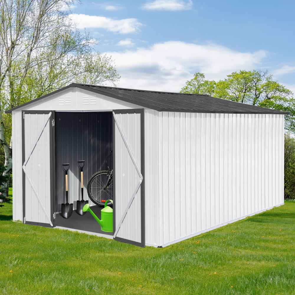 Sleek White & Grey 10ft x 12ft Metal Garden Shed – The Ideal Outdoor Storage Solution! Enjoy Ample Space and Stylish Design to Keep Your Tools and Garden Gear Organized and Protected!